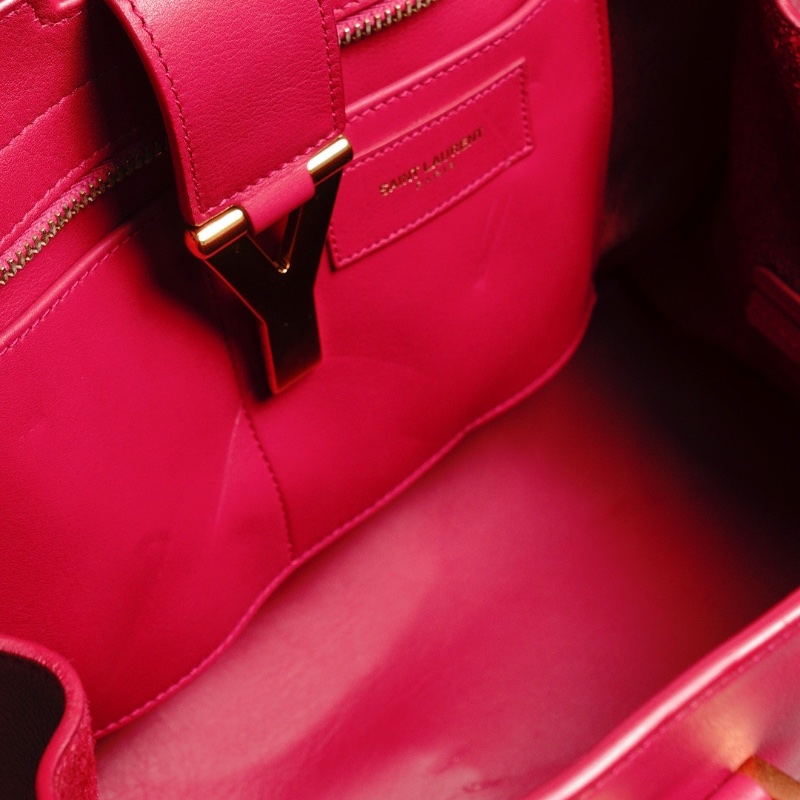 YSL 小號牛皮Y字金釦手提包(桃紅)-13