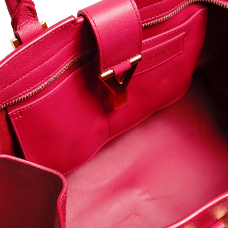 YSL 小號牛皮Y字金釦手提包(桃紅)-14