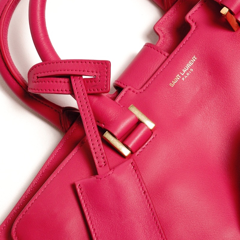 YSL 小號牛皮Y字金釦手提包(桃紅)-16