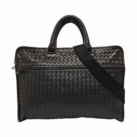 BOTTEGA VENETA 深棕色牛皮編織斜挎包手提包單肩包 黑色五金 可拆卸肩帶