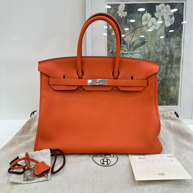 Hermes 愛馬仕Birkin 35，愛馬仕橙色，銀扣，T刻 有購證-0