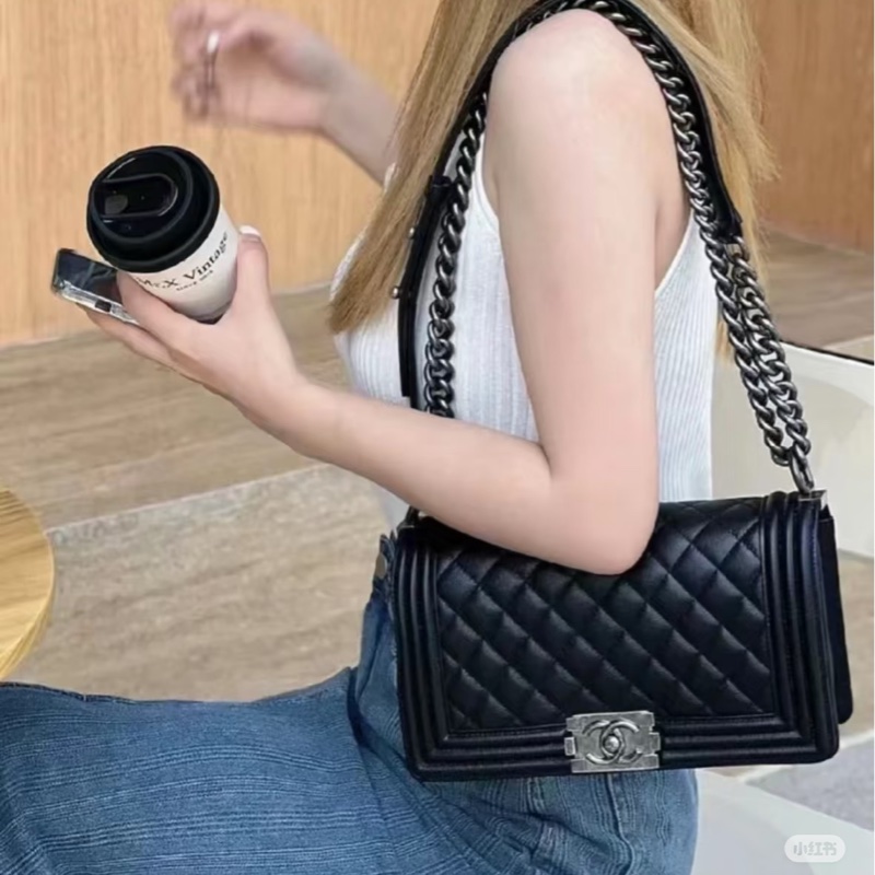 Chanel Leboy25黑銀牛皮鏈條斜挎包 #全配🈶購證 #99新閒置-2