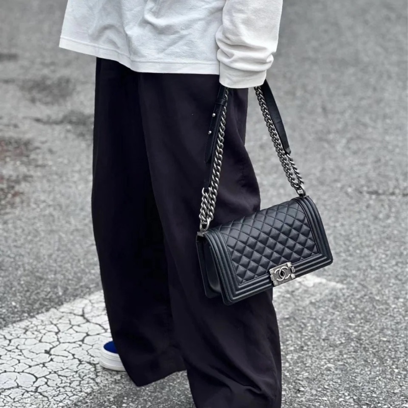 Chanel Leboy25黑銀牛皮鏈條斜挎包 #全配🈶購證 #99新閒置-3