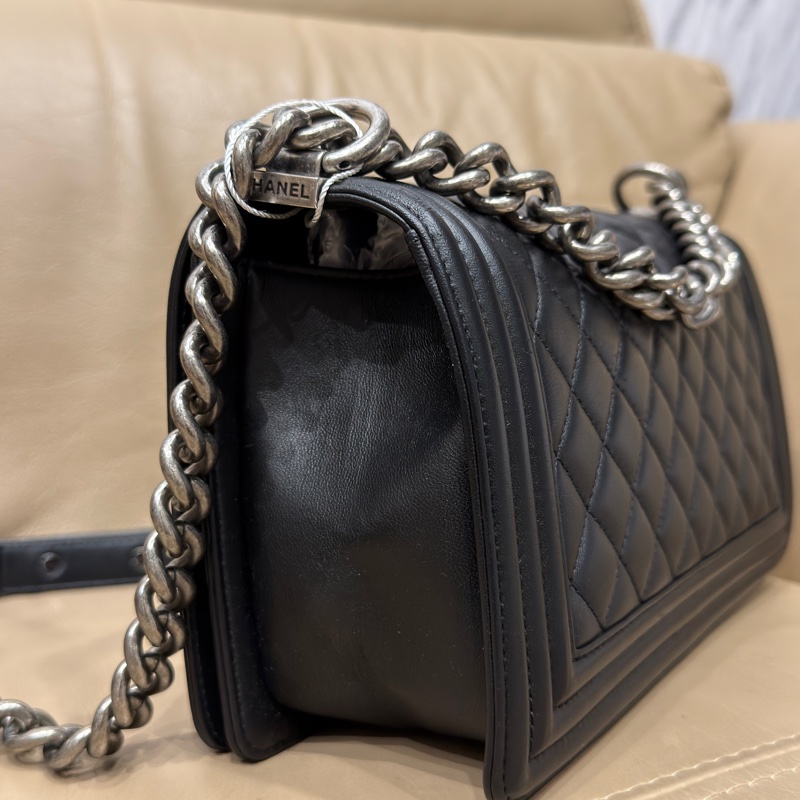 Chanel Leboy25黑銀牛皮鏈條斜挎包 #全配🈶購證 #99新閒置-12
