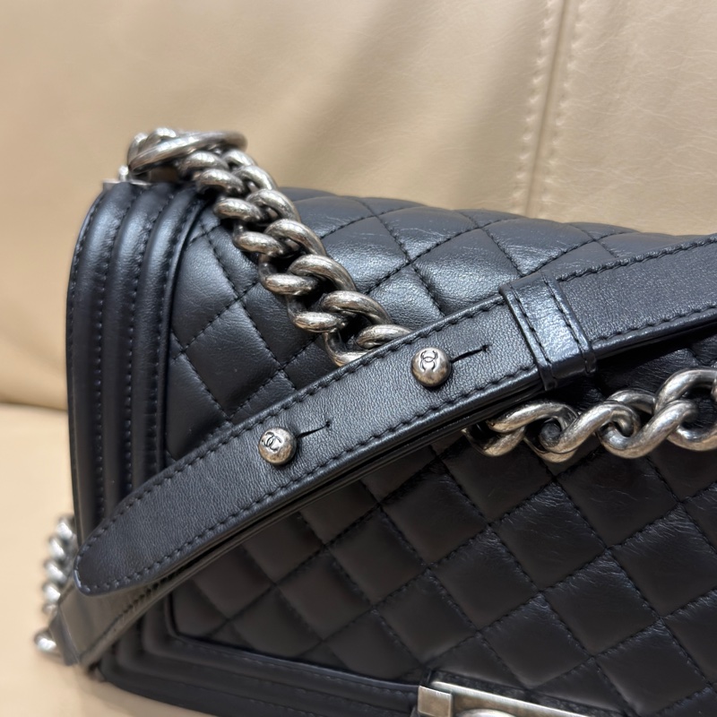 Chanel Leboy25黑銀牛皮鏈條斜挎包 #全配🈶購證 #99新閒置-19