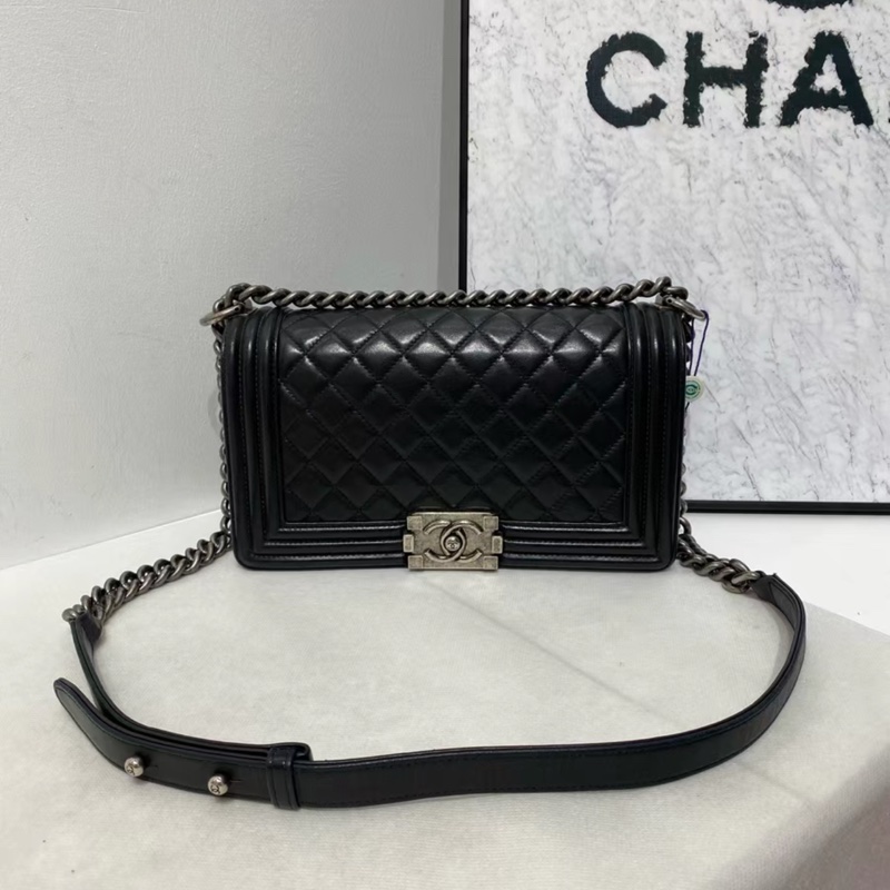 Chanel Leboy25黑銀牛皮鏈條斜挎包 #全配🈶購證 #99新閒置-4