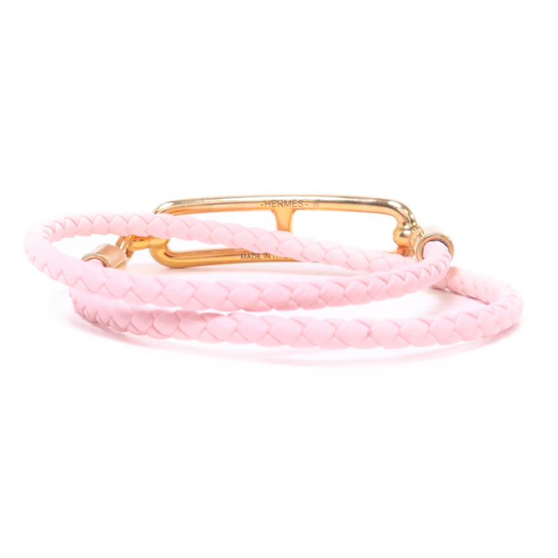 HERMES Swift皮革Roulis Double Tour Bracelet金扣手鐲Rose Sakura-1