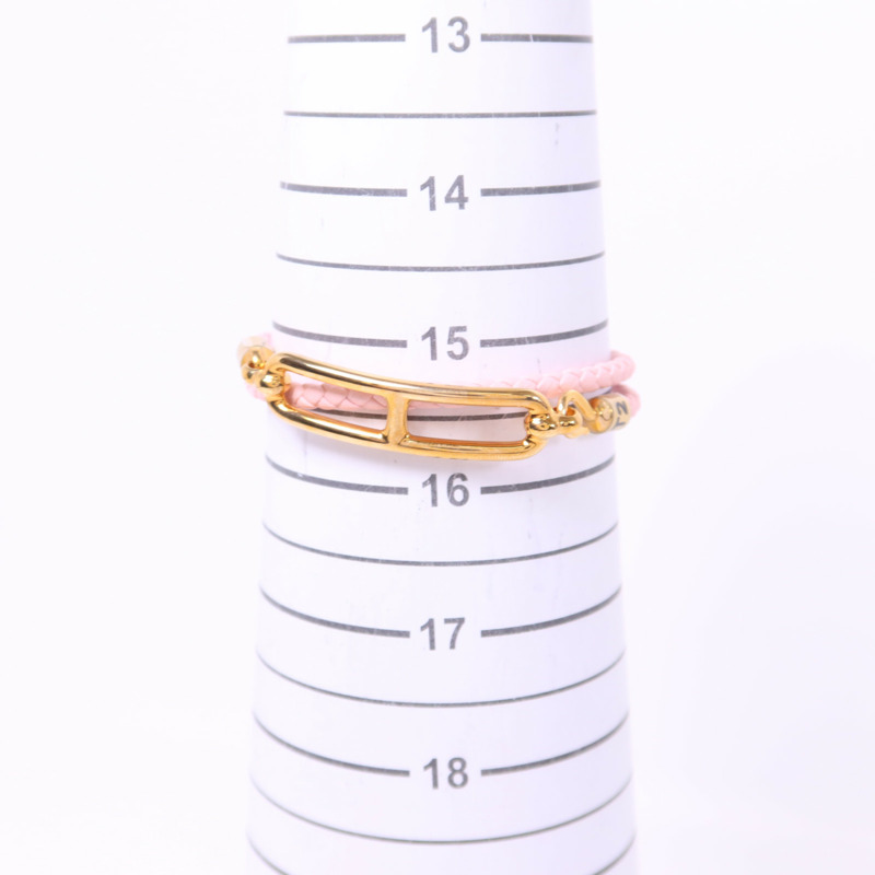 HERMES Swift皮革Roulis Double Tour Bracelet金扣手鐲Rose Sakura-9