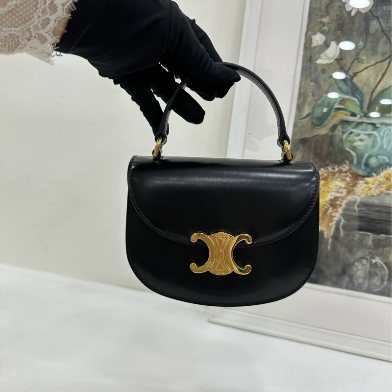 CELINE賽琳 mini Triomphe 凱旋門標誌可調可拆卸肩帶 閃亮小牛皮 單肩斜挎手提包 迷你 女款 黑色 2023年購證 長15.5cm 寬5cm 高12cm-7