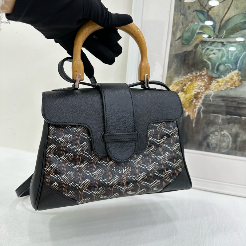GOYARD戈雅木質手柄西貢mini黑色手提單肩斜背包-5