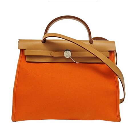 HERMÈS Herbag 31 愛馬仕橙帆布單肩包手提包 銀色五金