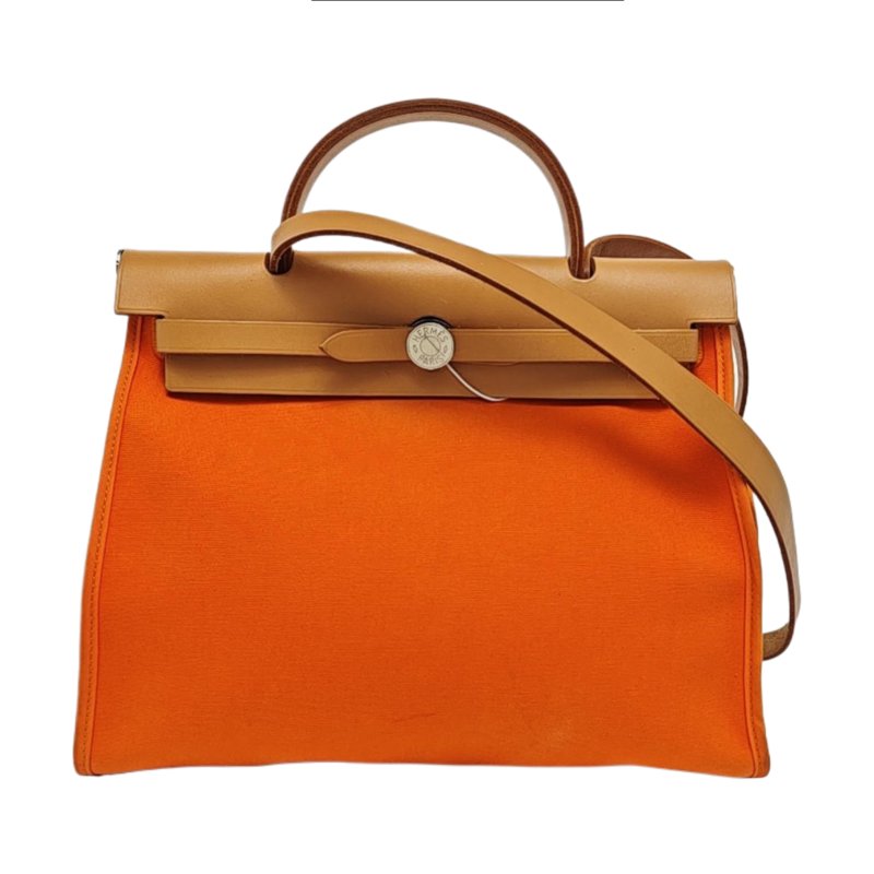 HERMÈS Herbag 31 愛馬仕橙帆布單肩包手提包 銀色五金-0