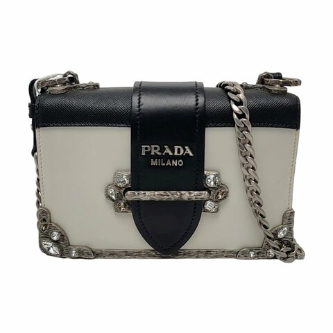 PRADA Cahier 白色牛皮鑲嵌斜挎包單肩包 銀色五金