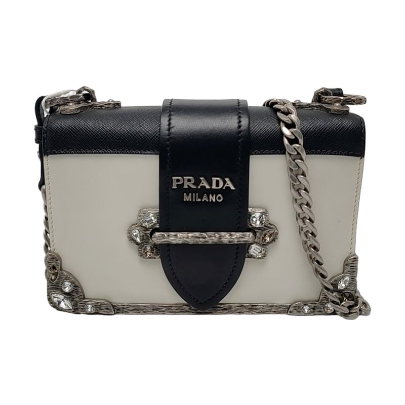 PRADA Cahier 白色牛皮鑲嵌斜挎包單肩包 銀色五金-0
