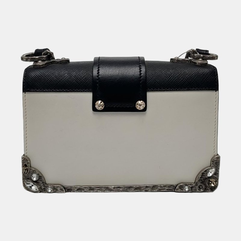 PRADA Cahier 白色牛皮鑲嵌斜挎包單肩包 銀色五金-3