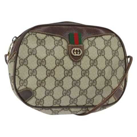 GUCCI GG Supreme Web Sherry Line 手拿包 PVC 米色 金色 89 02 066 Auth 150444