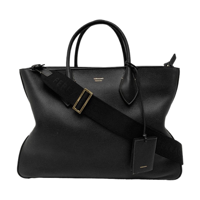 FERRAGAMO 托特包 大號 黑色牛皮 金色五金 可拆卸肩帶-0