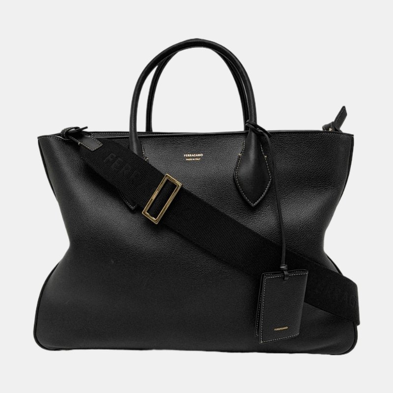 FERRAGAMO 托特包 大號 黑色牛皮 金色五金 可拆卸肩帶-7