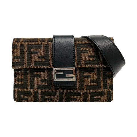 FENDI Baguette 棕色帆布鉚釘斜背包 銀色五金 可拆卸肩帶