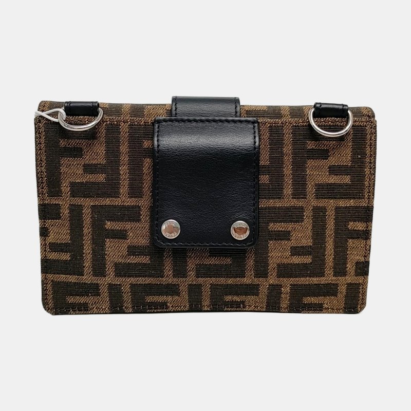 FENDI Baguette 棕色帆布鉚釘斜背包 銀色五金 可拆卸肩帶-4