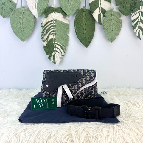 全新🔥DIOR Oblique Saddle 黑色真皮拼緹花馬鞍包 晶片款