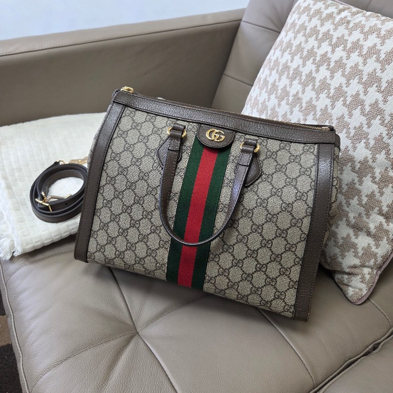 Gucci PVC咖牛皮金GG綠紅綠織帶Ophidia手提斜背托特包-0