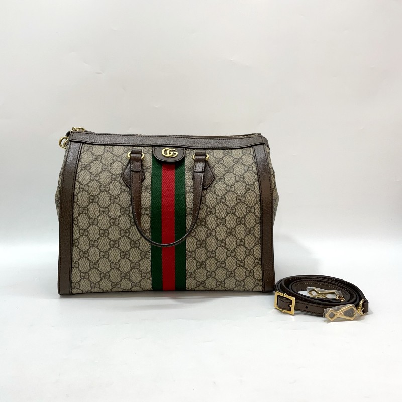 Gucci PVC咖牛皮金GG綠紅綠織帶Ophidia手提斜背托特包-1
