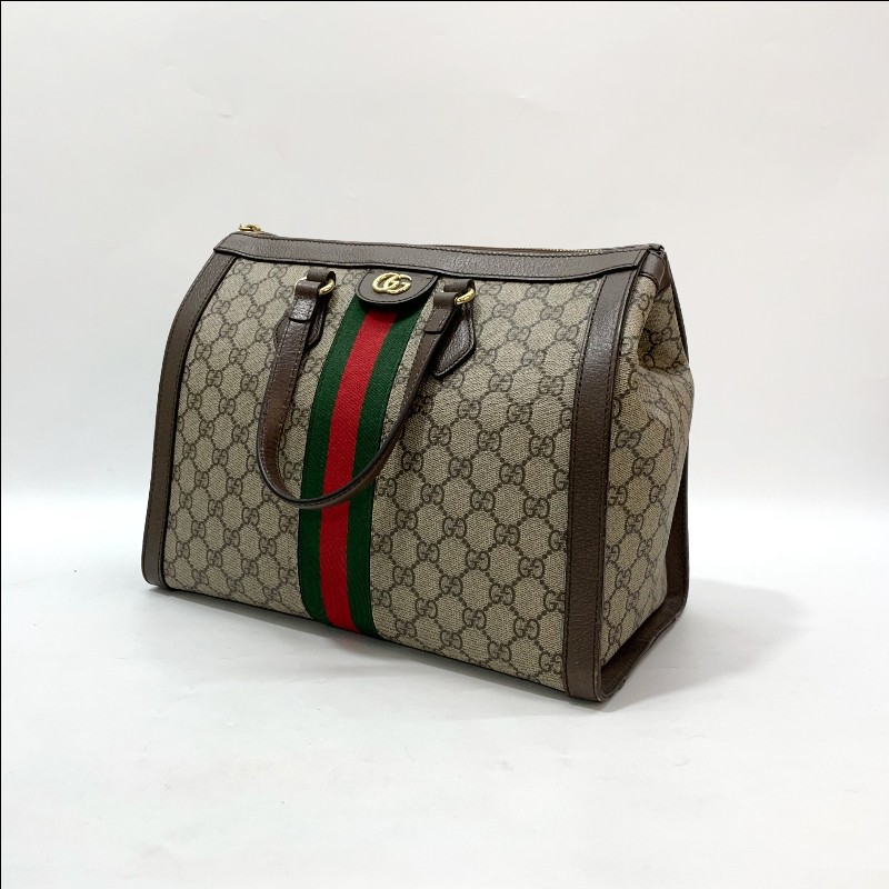 Gucci PVC咖牛皮金GG綠紅綠織帶Ophidia手提斜背托特包-3