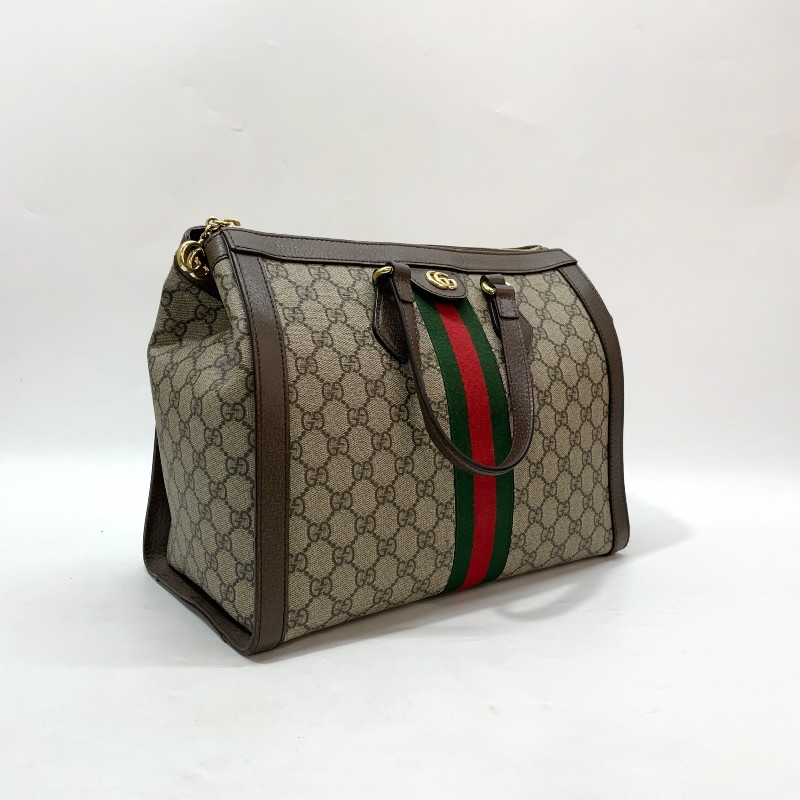 Gucci PVC咖牛皮金GG綠紅綠織帶Ophidia手提斜背托特包-4