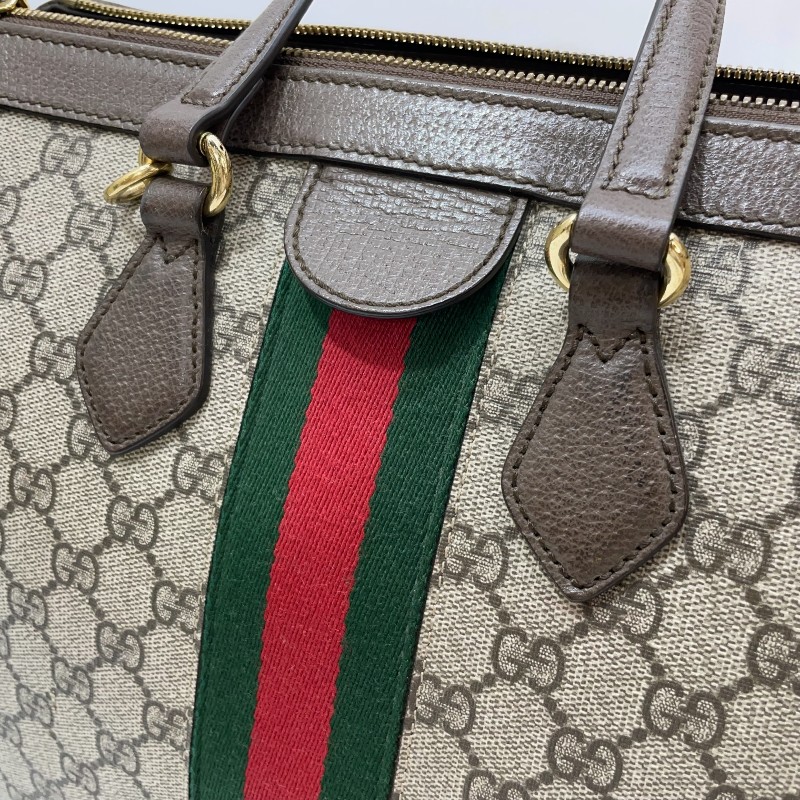Gucci PVC咖牛皮金GG綠紅綠織帶Ophidia手提斜背托特包-9