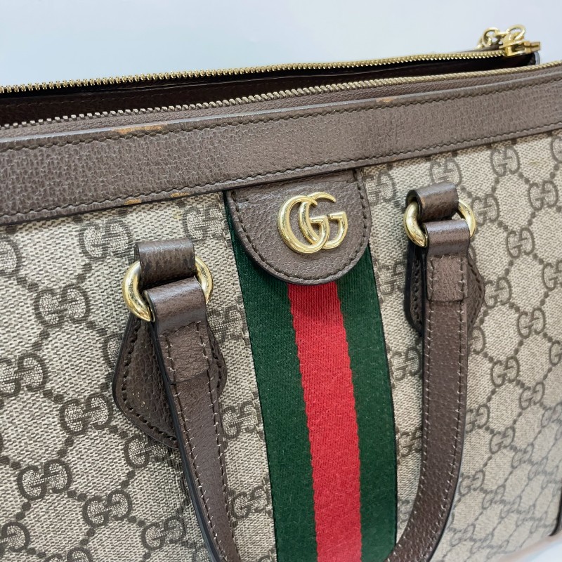 Gucci PVC咖牛皮金GG綠紅綠織帶Ophidia手提斜背托特包-15