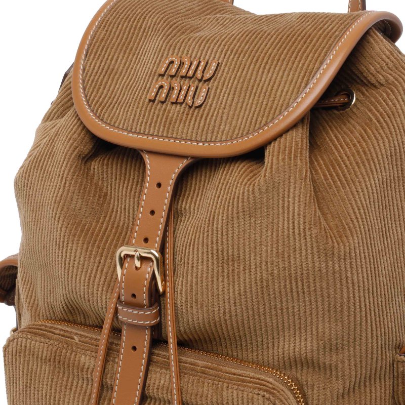 🎉新品好折扣✨Miu Miu 5BZ042 燈芯絨皮革拼接後背包 棕啡色-2