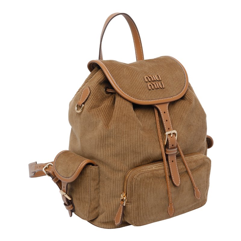 🎉新品好折扣✨Miu Miu 5BZ042 燈芯絨皮革拼接後背包 棕啡色-4