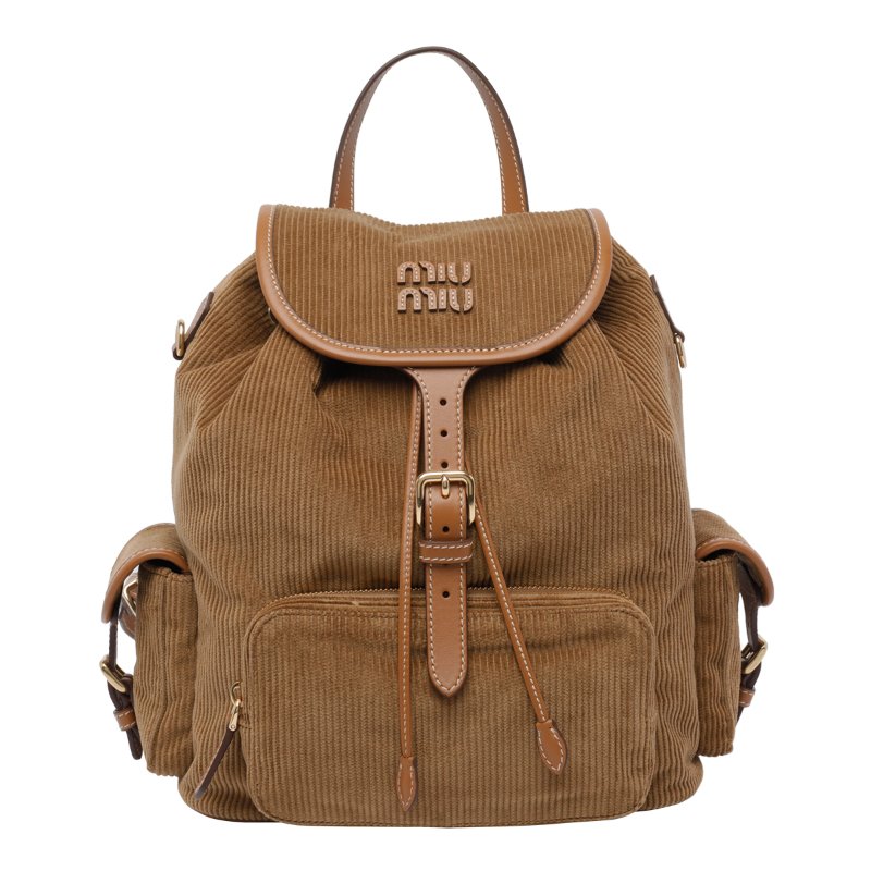🎉新品好折扣✨Miu Miu 5BZ042 燈芯絨皮革拼接後背包 棕啡色-5