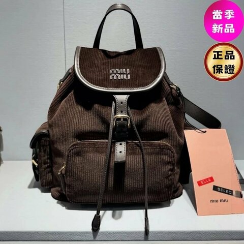 🎉新品好折扣✨Miu Miu 5BZ042 燈芯絨皮革拼接後背包 黑檀色