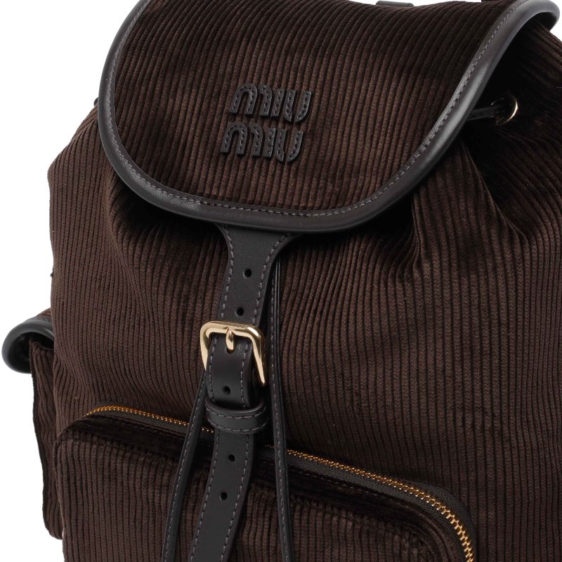 🎉新品好折扣✨Miu Miu 5BZ042 燈芯絨皮革拼接後背包 黑檀色-2