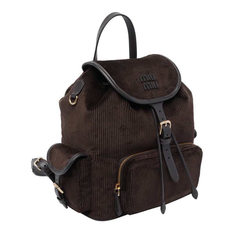 🎉新品好折扣✨Miu Miu 5BZ042 燈芯絨皮革拼接後背包 黑檀色-4