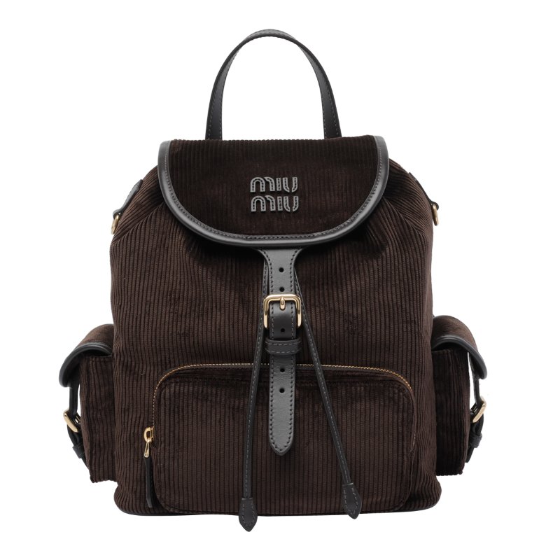 🎉新品好折扣✨Miu Miu 5BZ042 燈芯絨皮革拼接後背包 黑檀色-5