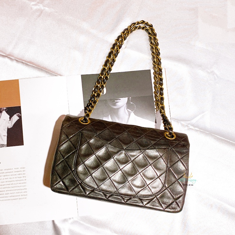 CHANEL 香奈兒 Vintage 老香 中古包 CF23 摩卡棕 x 金釦 口蓋包 晚宴包 COCO包-2