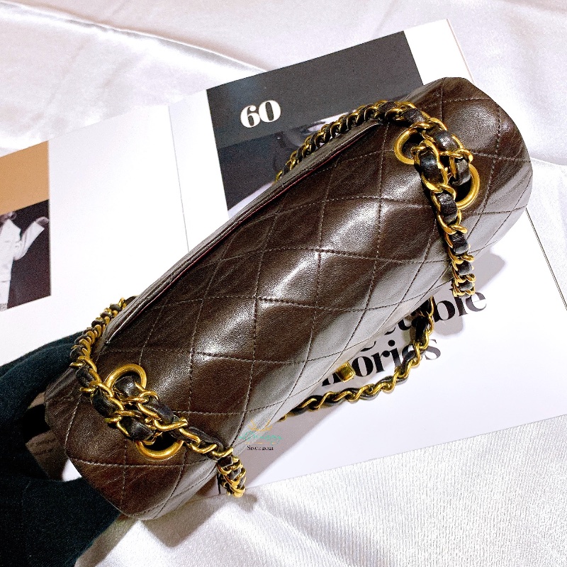 CHANEL 香奈兒 Vintage 老香 中古包 CF23 摩卡棕 x 金釦 口蓋包 晚宴包 COCO包-5