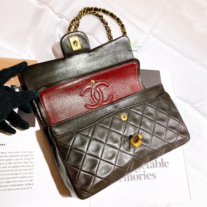 CHANEL 香奈兒 Vintage 老香 中古包 CF23 摩卡棕 x 金釦 口蓋包 晚宴包 COCO包-8