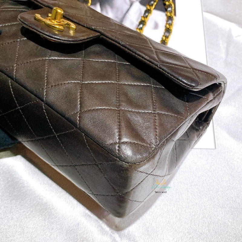 CHANEL 香奈兒 Vintage 老香 中古包 CF23 摩卡棕 x 金釦 口蓋包 晚宴包 COCO包-10