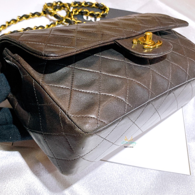 CHANEL 香奈兒 Vintage 老香 中古包 CF23 摩卡棕 x 金釦 口蓋包 晚宴包 COCO包-11