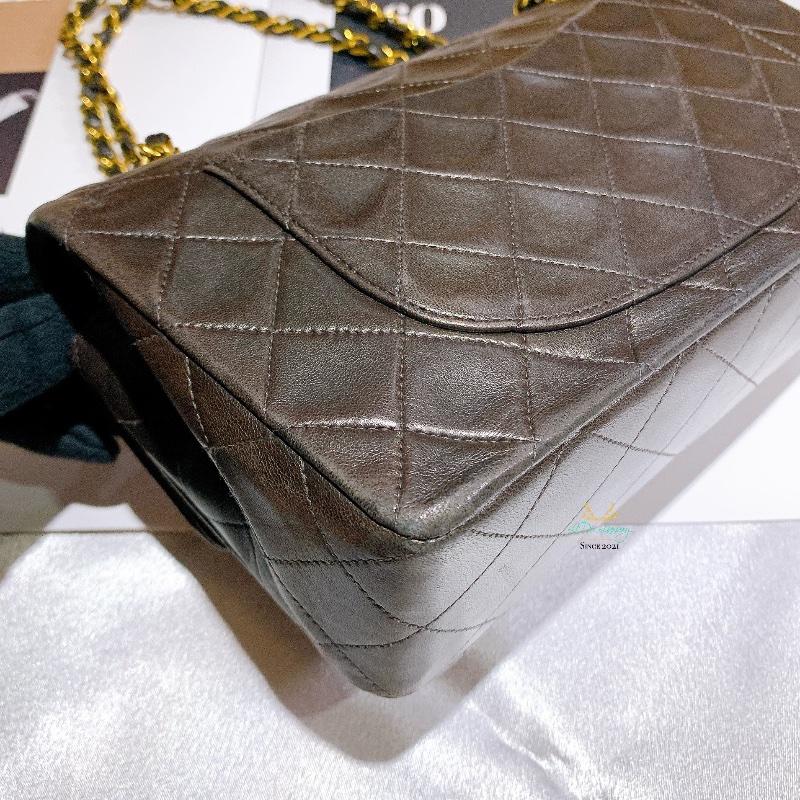 CHANEL 香奈兒 Vintage 老香 中古包 CF23 摩卡棕 x 金釦 口蓋包 晚宴包 COCO包-13