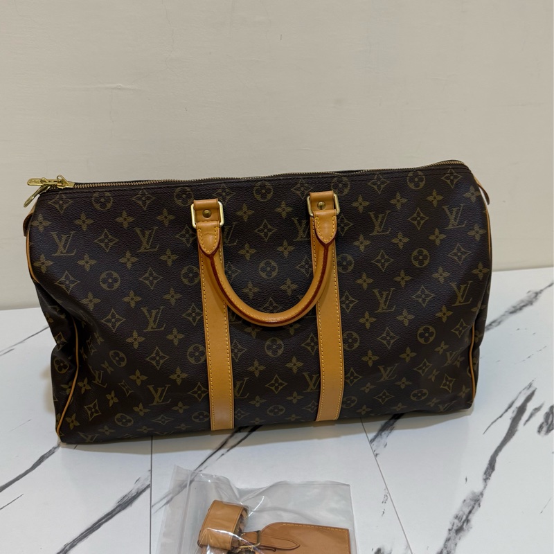【LOUIS VUITTON LV 路易威登】棕色 原花 帆布 Keepall Bandouliere 45 手提行李袋M41418-9