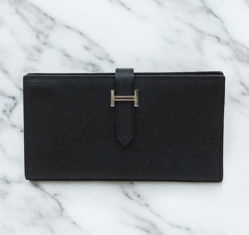「JL精品代購」9新 Hermes 愛馬仕bearn黑銀長夾-0