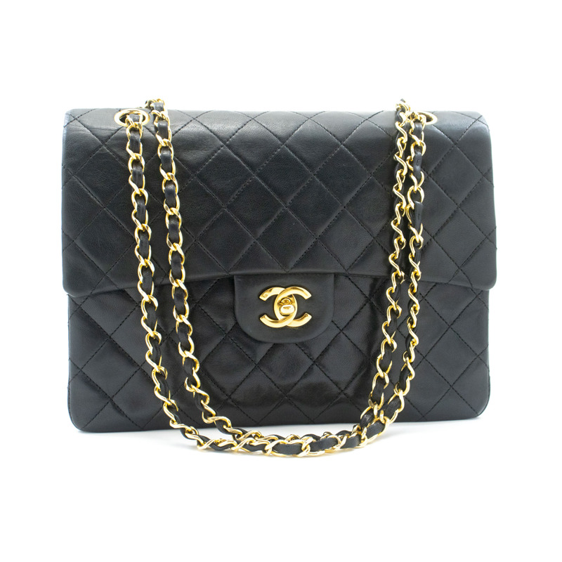 【日本直送】香奈兒雙蓋方形鏈條肩背包,黑色羊皮-1