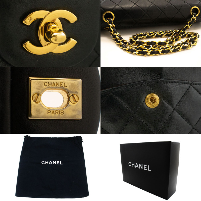 【日本直送】香奈兒雙蓋方形鏈條肩背包,黑色羊皮-6