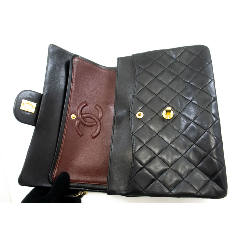 【日本直送】香奈兒雙蓋方形鏈條肩背包,黑色羊皮-10