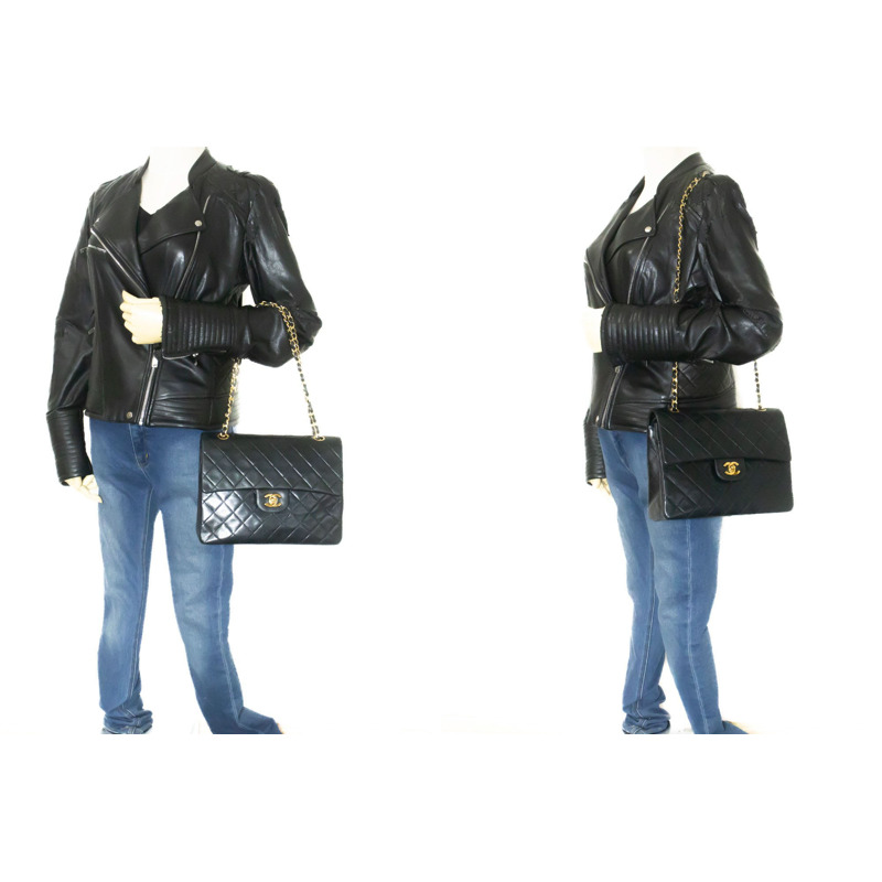 【日本直送】香奈兒雙蓋方形鏈條肩背包,黑色羊皮-11
